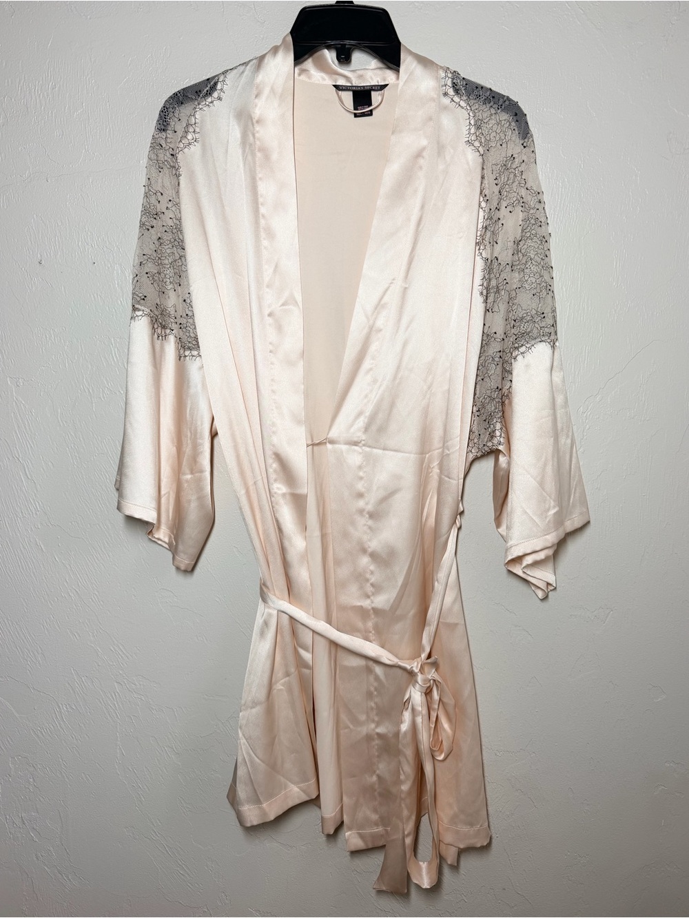 Victoria's Secret Champagne Satin Kimono Robe Silver Sequin Lace Trim